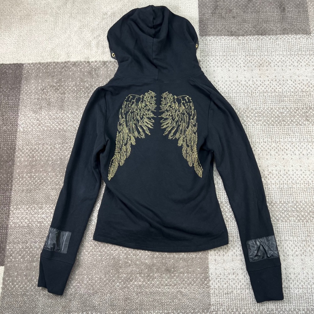 Bebe Womens Black Lace Up Hoodie Gold Angel Wings Embellished Y2K Moto Mediumโ